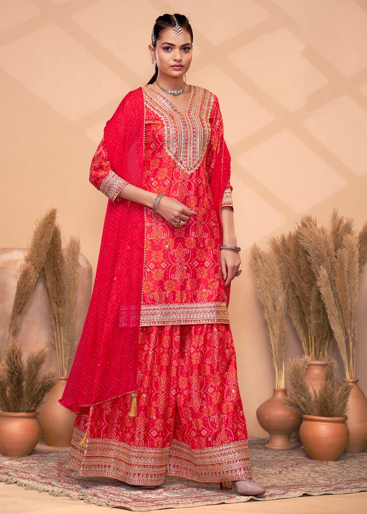 Buy Red Bandhani Printed Sharara Suit