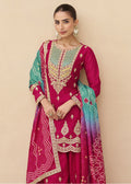 Red Chinon Silk Embroidered Gharara Suit