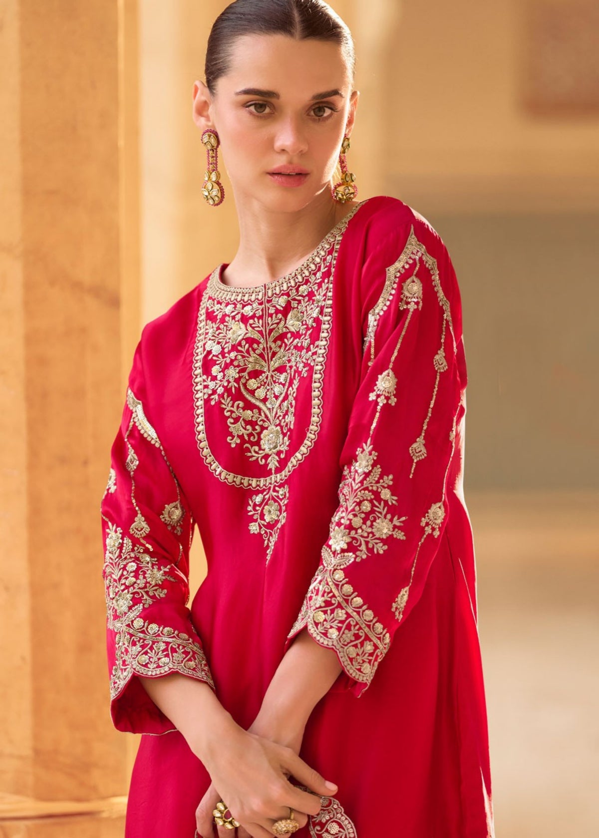 Red Embroidered Dhoti Style Suit