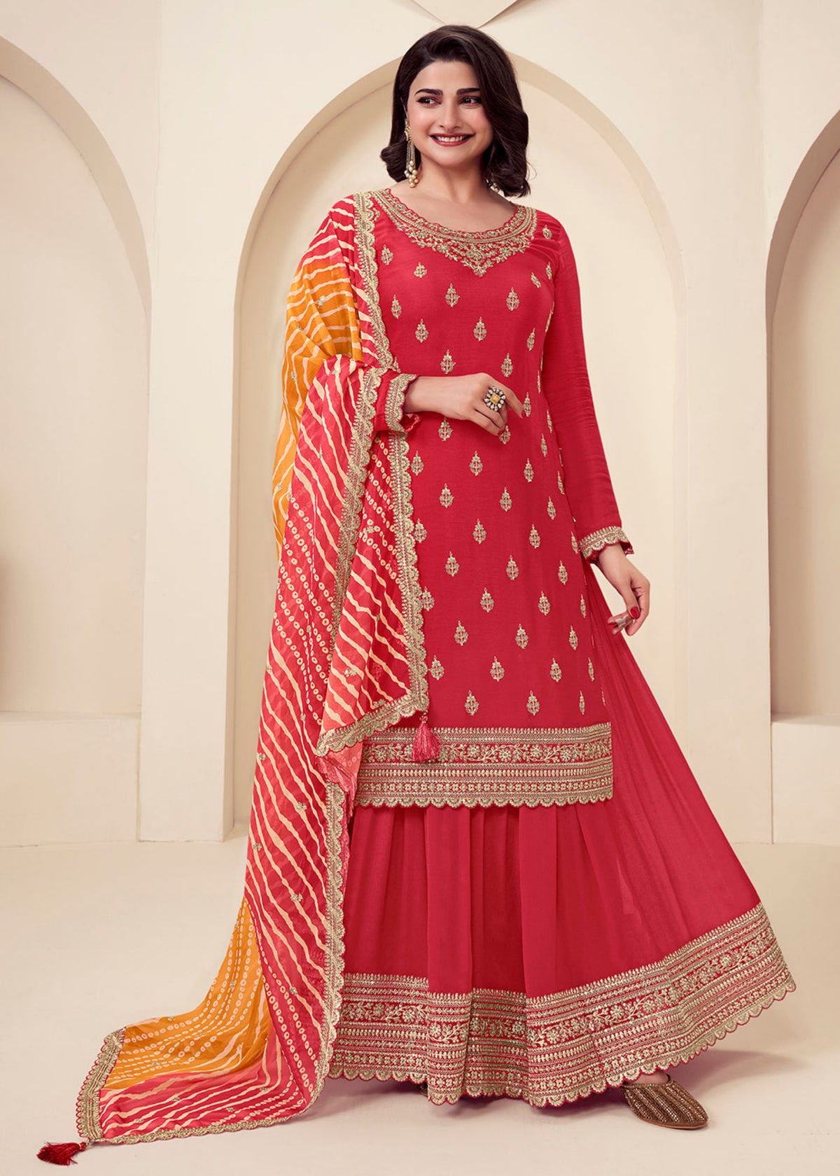 Buy Red Embroidered Sharara Suit