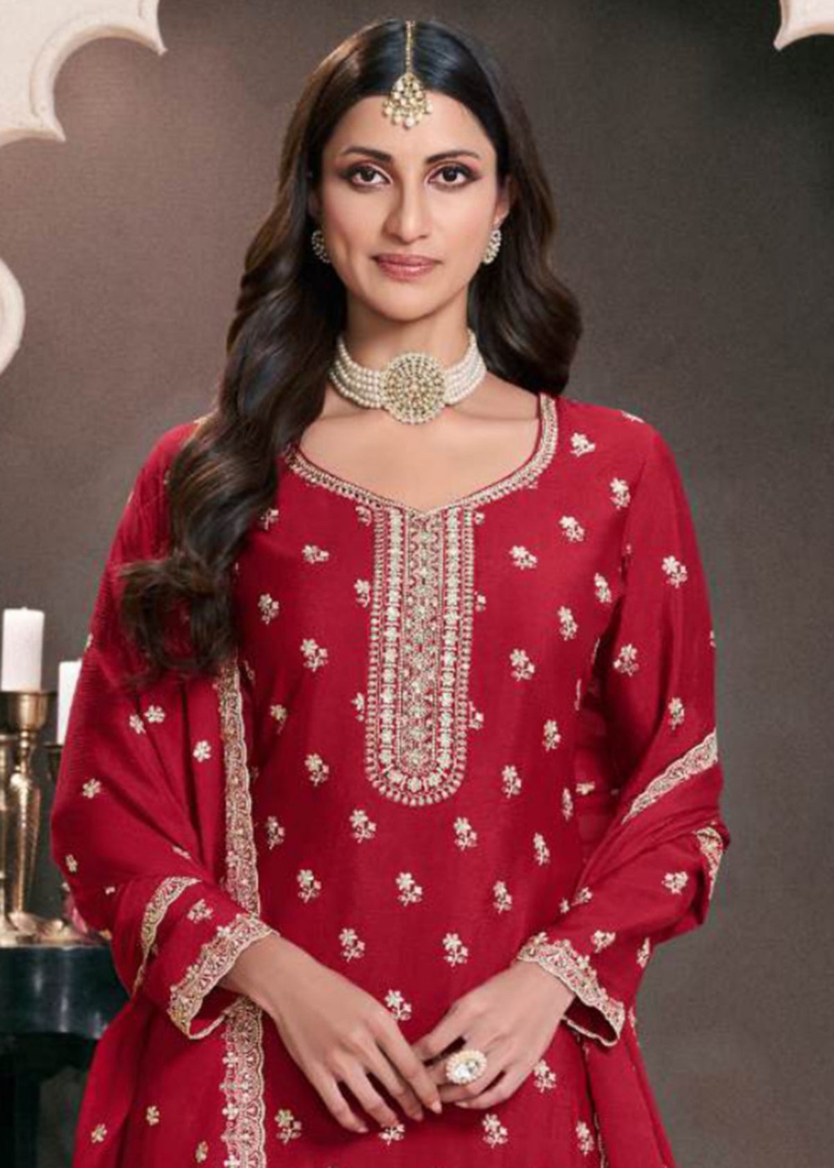 Red Embroidered Sharara Suit