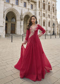 Red Premium Chinon Silk Embroidered Gown