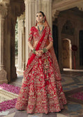 Red Royal Embroidered Bridal Silk Lehenga.