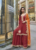 Red Viscose Silk Embroidered Sharara Suit