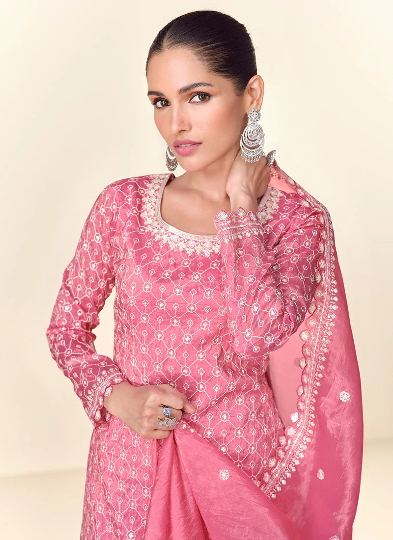 Rich Pink Embroidery Party Wear Palazzo Suit