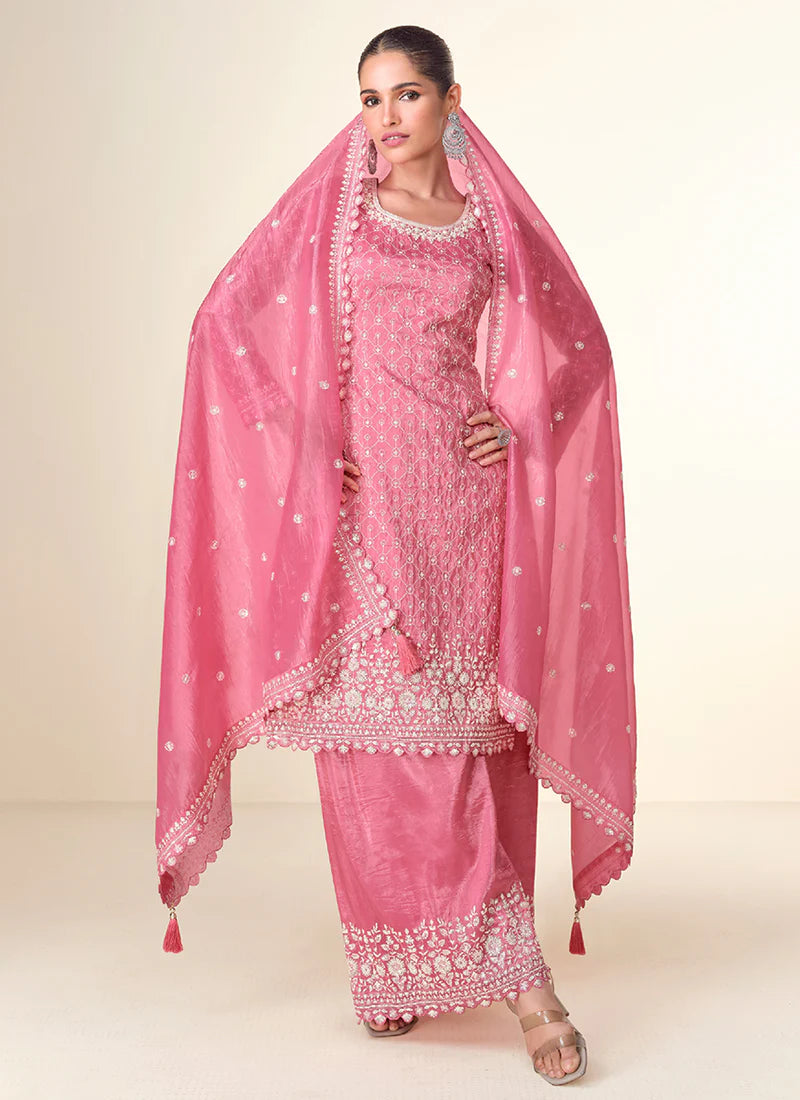 Rich Pink Embroidery Party Wear Palazzo Suit