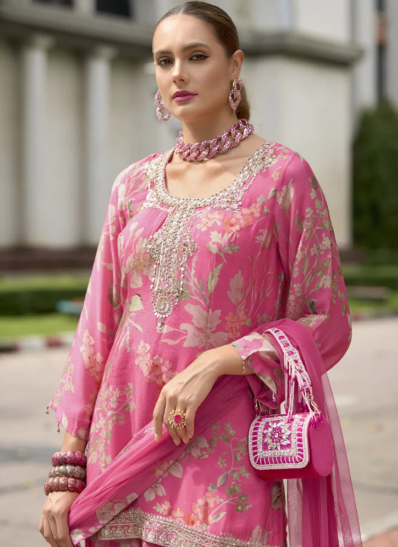 Rich Pink Sequence Embroidery Printed Palazzo Suit