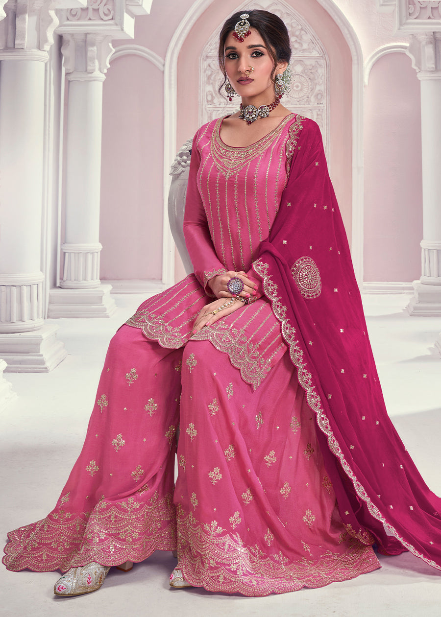 Buy Rich Pink chinnon silk Embroidered  Sharara Suit