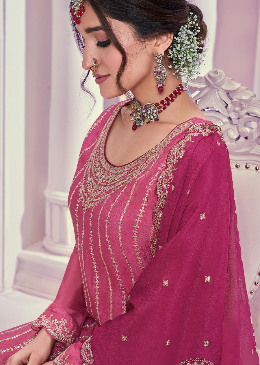  Buy Rich Pink chinnon silk Embroidered  Sharara Suit