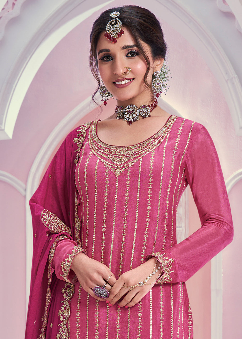 Buy Rich Pink chinnon silk Embroidered  Sharara Suit