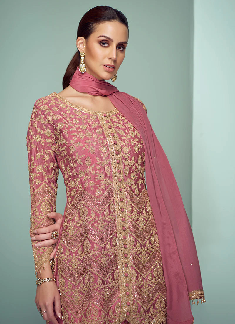 Rose Pink Cording Embroidery Traditional Pant Style Suit