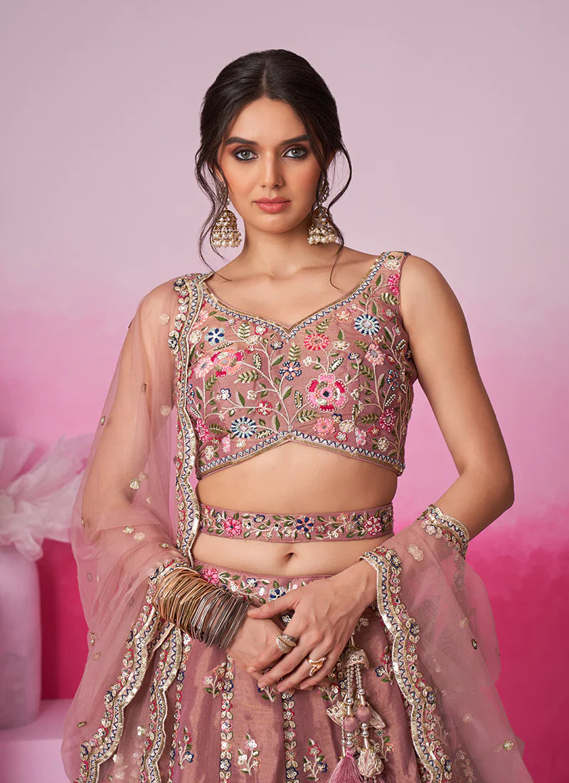 Rose Pink Multi Embroidery Wedding Lehenga Choli