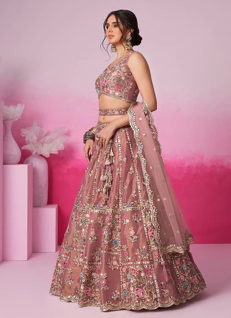 Rose Pink Multi Embroidery Wedding Lehenga Choli