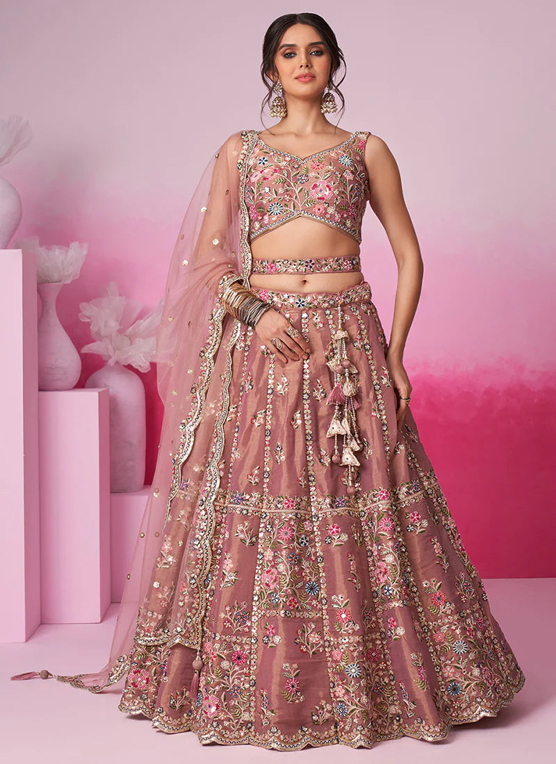 Rose Pink Multi Embroidery Wedding Lehenga Choli