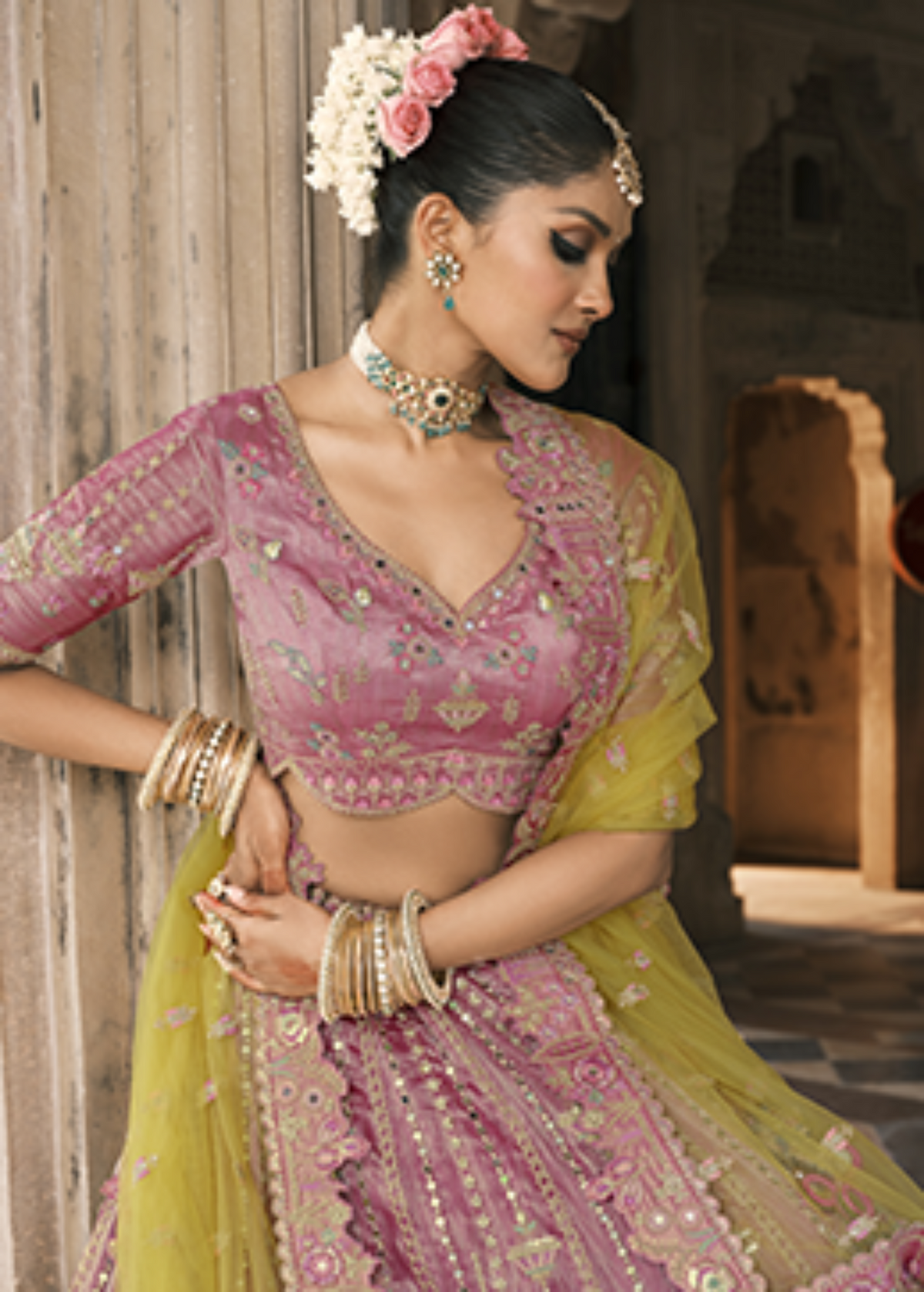 Rose Pink-Olive Embroidered Silk Bridal Lehenga.
