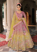 Rose Pink-Olive Embroidered Silk Bridal Lehenga