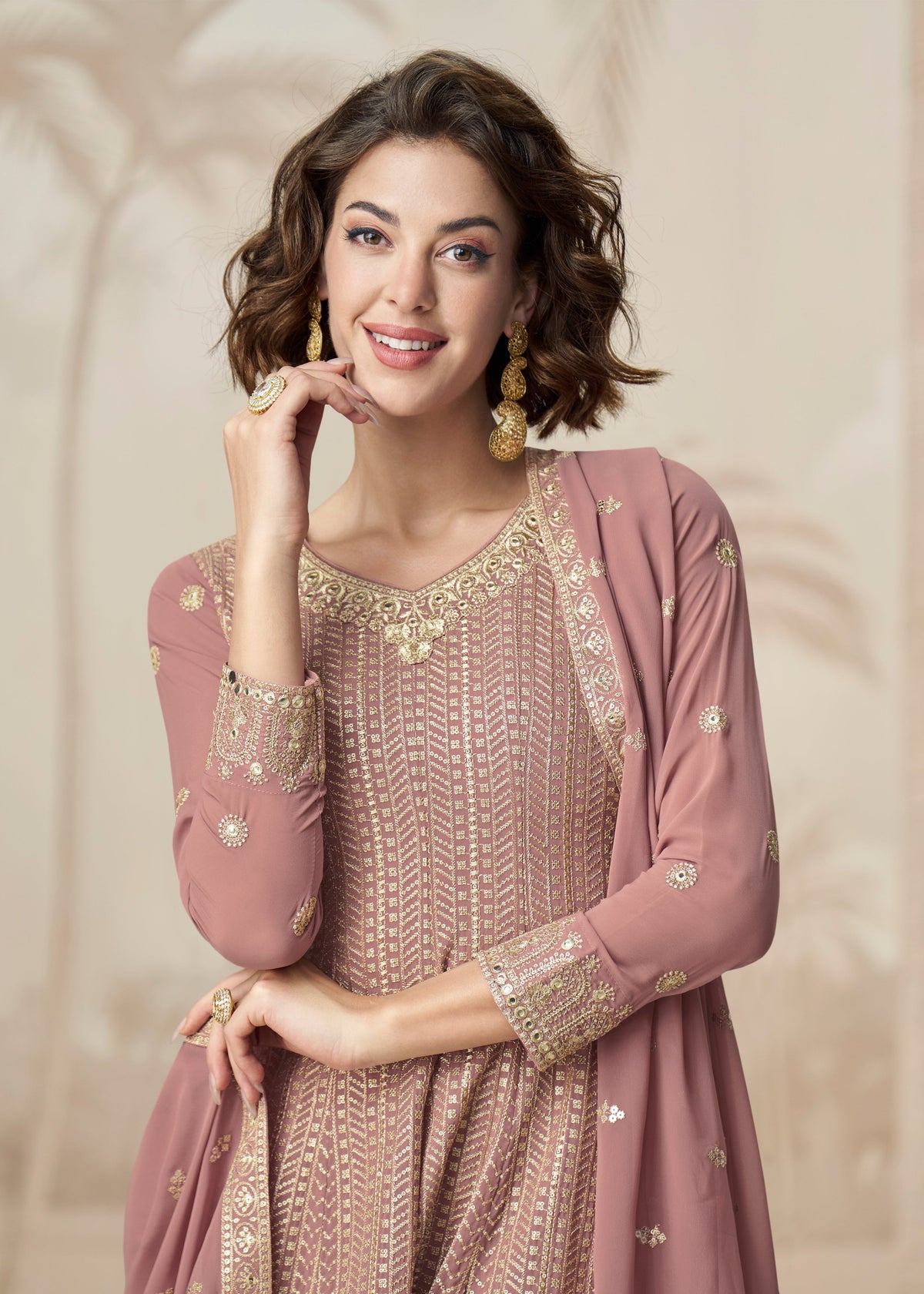 Buy Rose Pink Anarkali Style Palazzo Suit