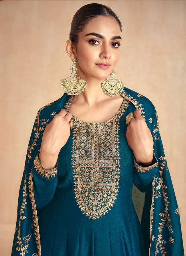 Royal Blue Golden Embroidery Wedding Anarkali Suit