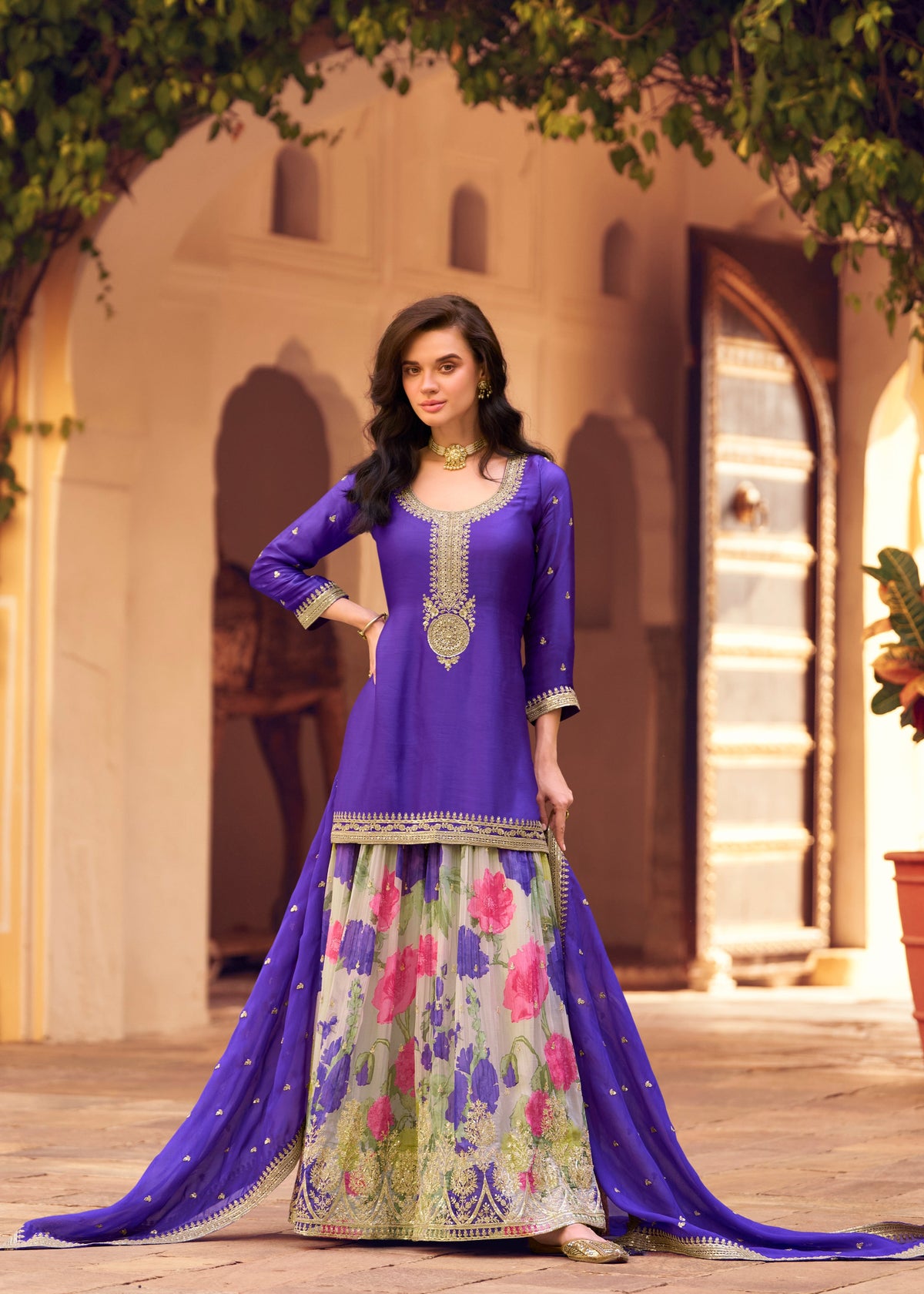 Buy Royal Blue Floral Sequence Embroidered Gharara Suit
