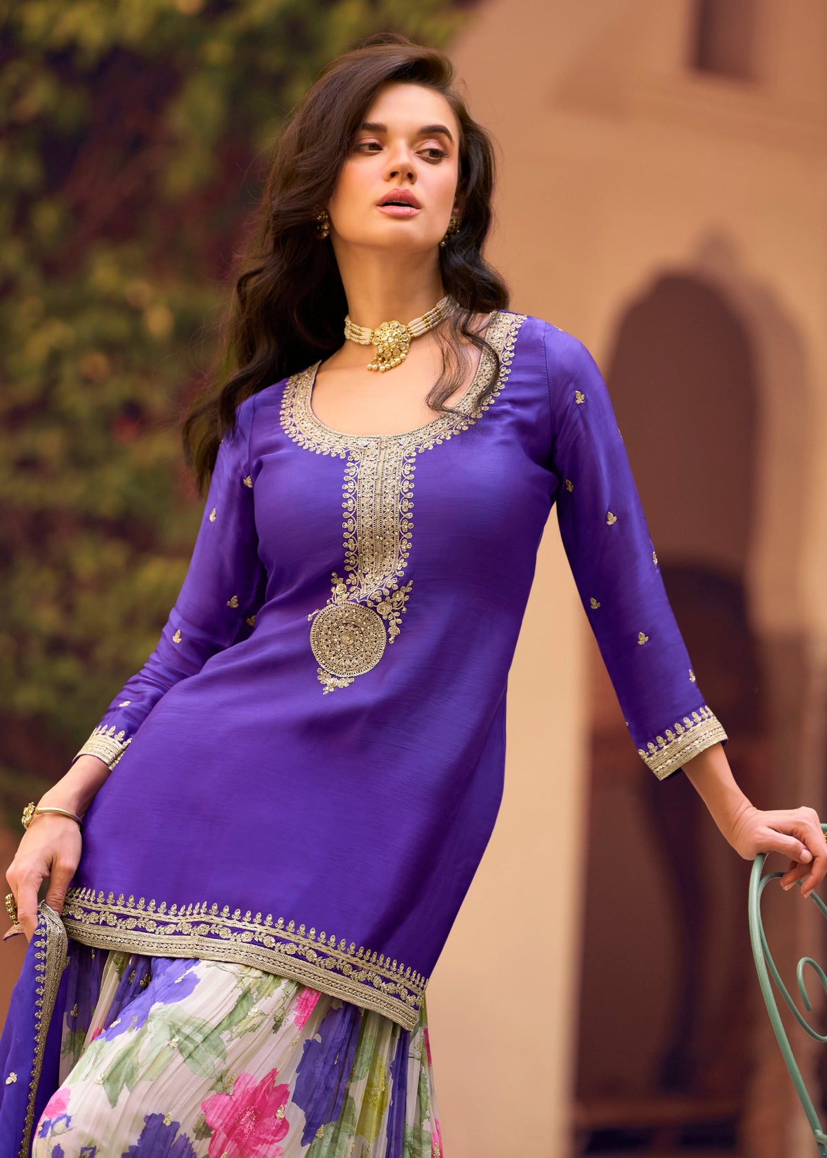 Buy Royal Blue Floral Sequence Embroidered Gharara Suit