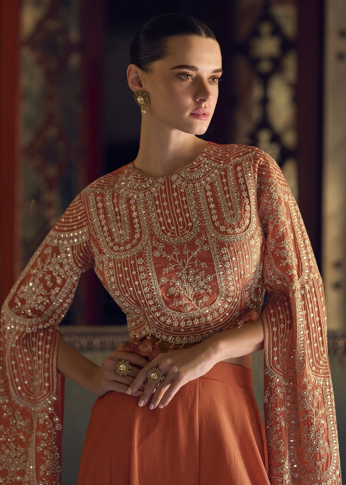 Rust Orange Embroidered Palazzo Set