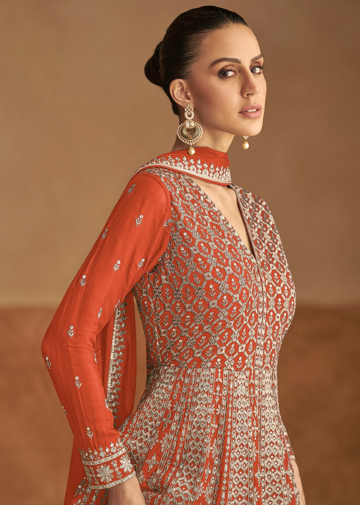 Buy Rust Orange Embroidery Silk Anarkali Gown