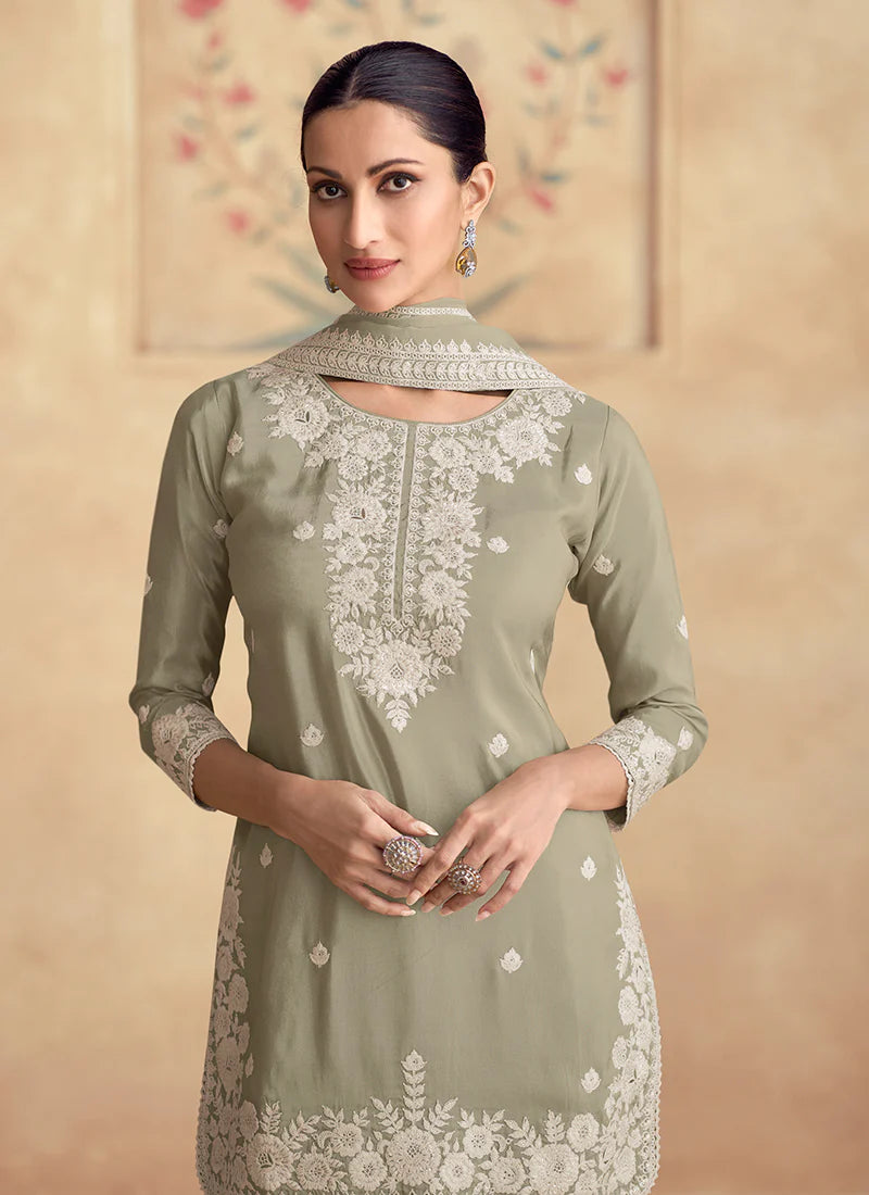 Sage Green Designer Embroidery Gharara Suit