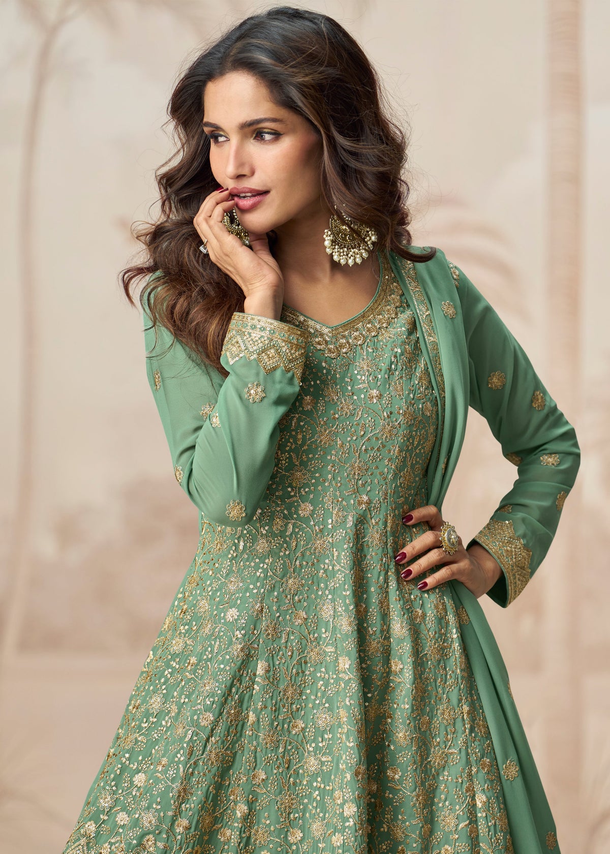 Buy Sage Green Anarkali Style Palazzo Suit