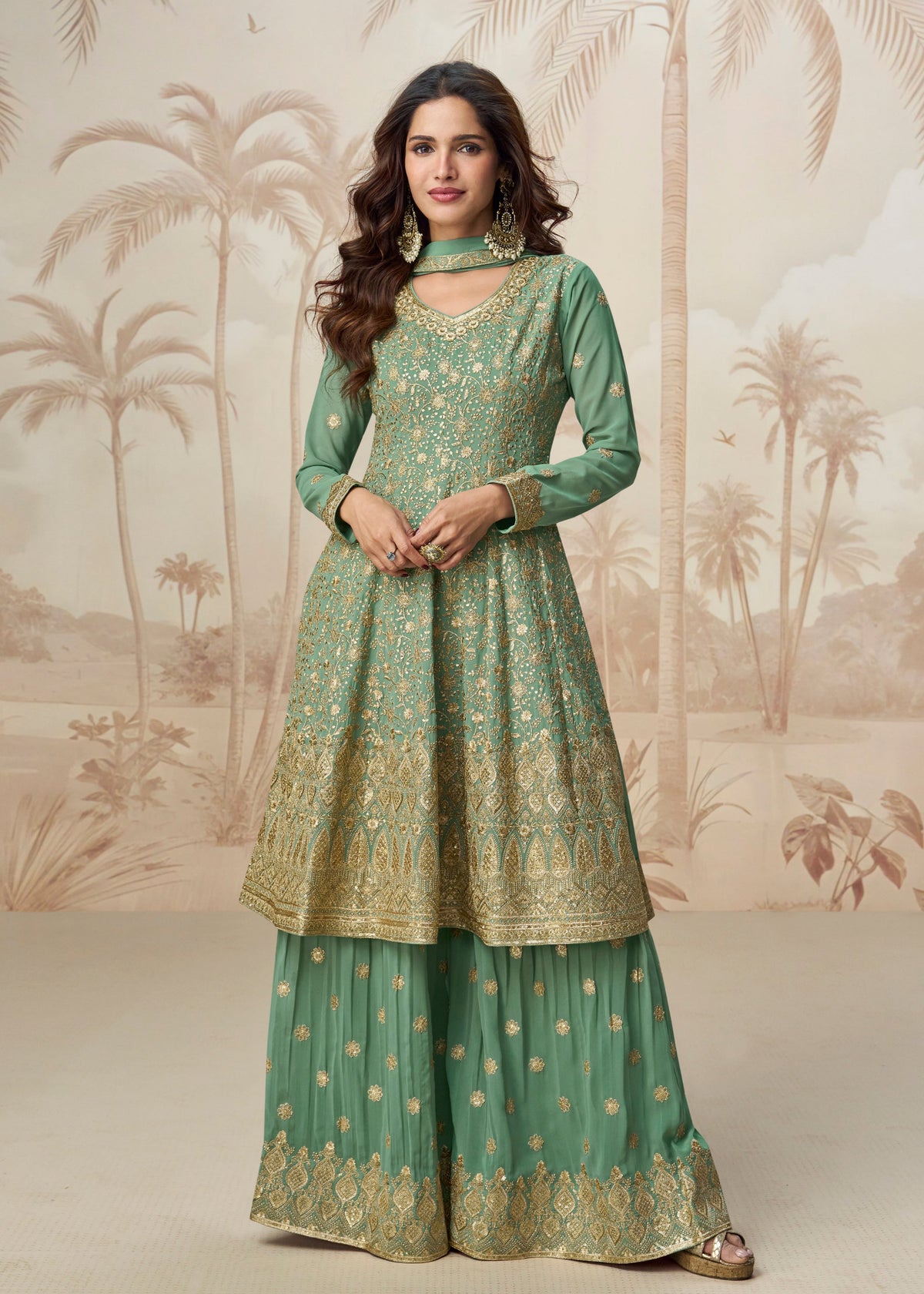 Buy Sage Green Anarkali Style Palazzo Suit