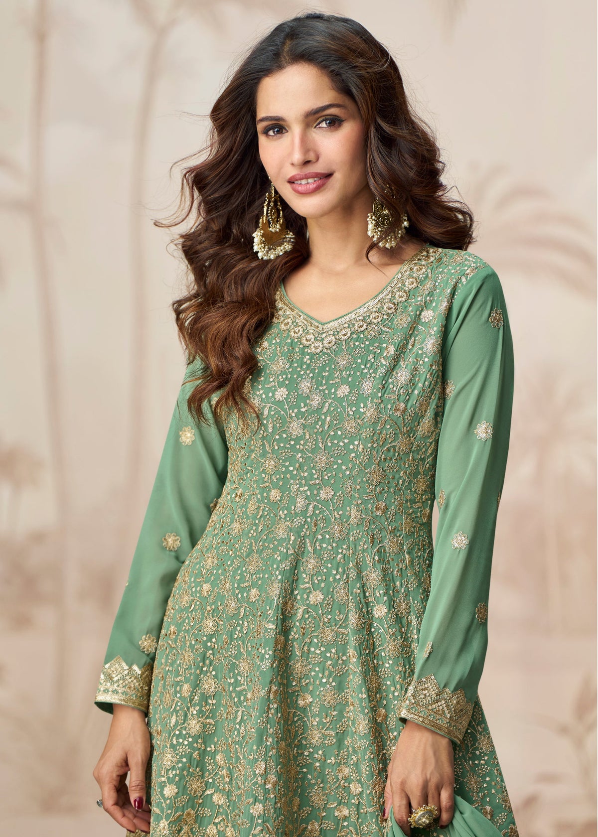 Buy Sage Green Anarkali Style Palazzo Suit