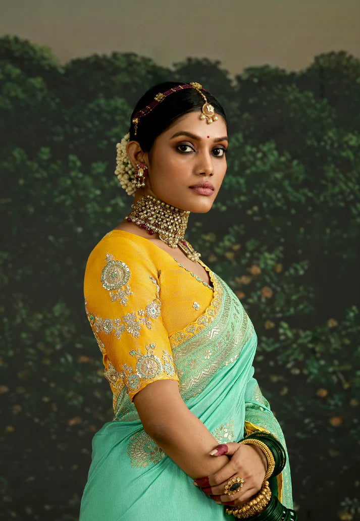 Sea Green And Yellow Multi Embroidery Silk Saree