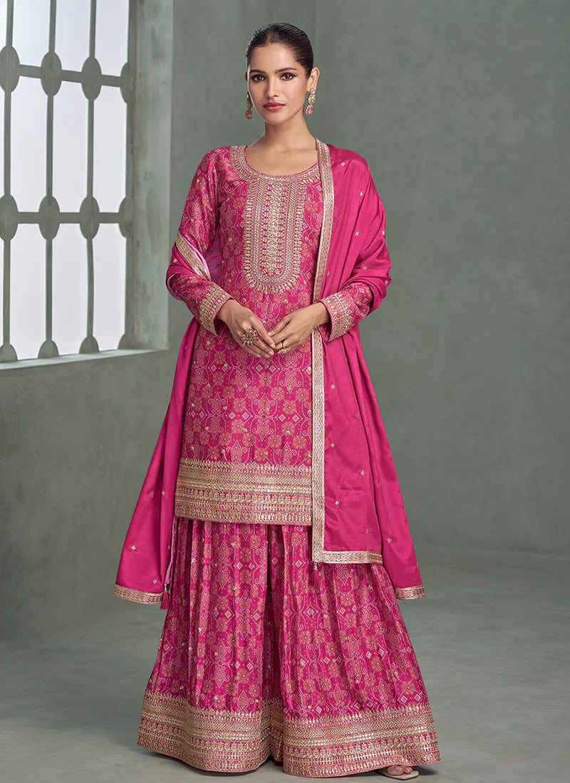 Rani Pink Bandhani Embroidered Sharara Suit
