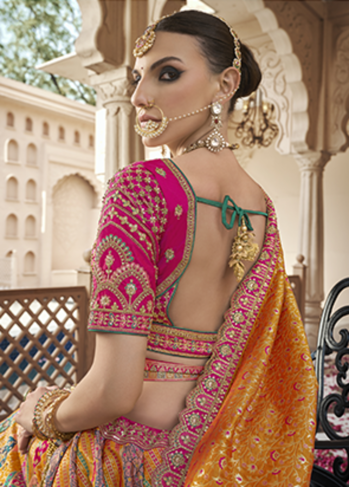 Shocking Pink Dazzling Zarkan Banarasi Silk Lehenga.