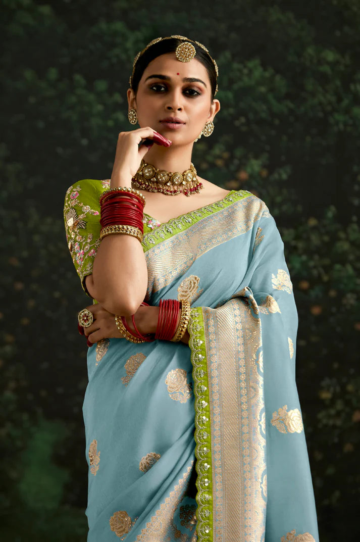 Mist Blue And Green Multi Embroidery Silk Saree