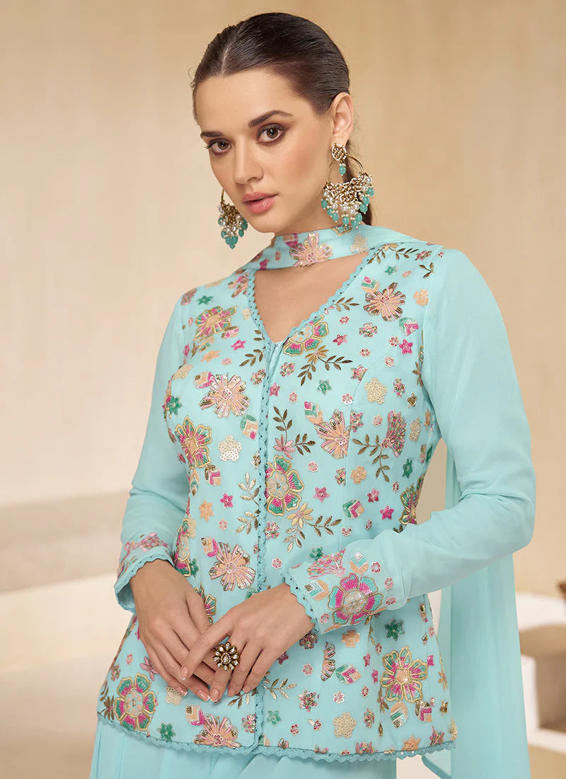 Sky Blue Multi Embroidery Party Wear Sharara Suit