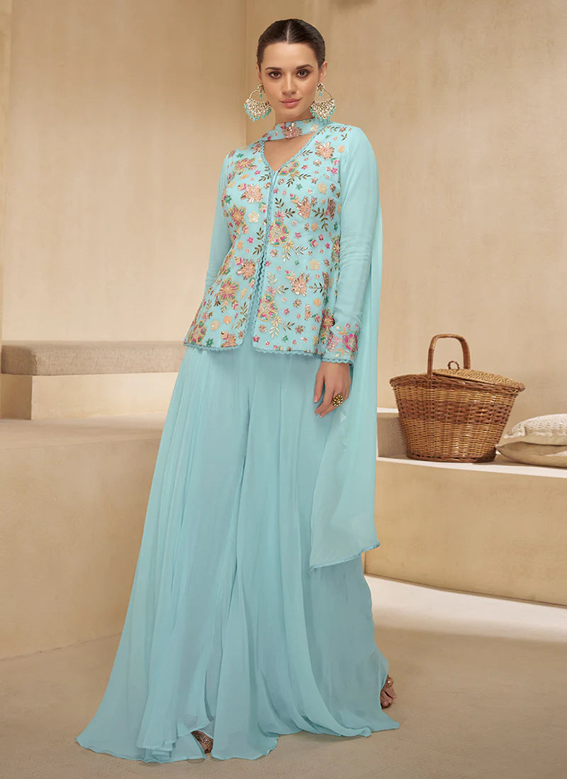 Sky Blue Multi Embroidery Party Wear Sharara Suit