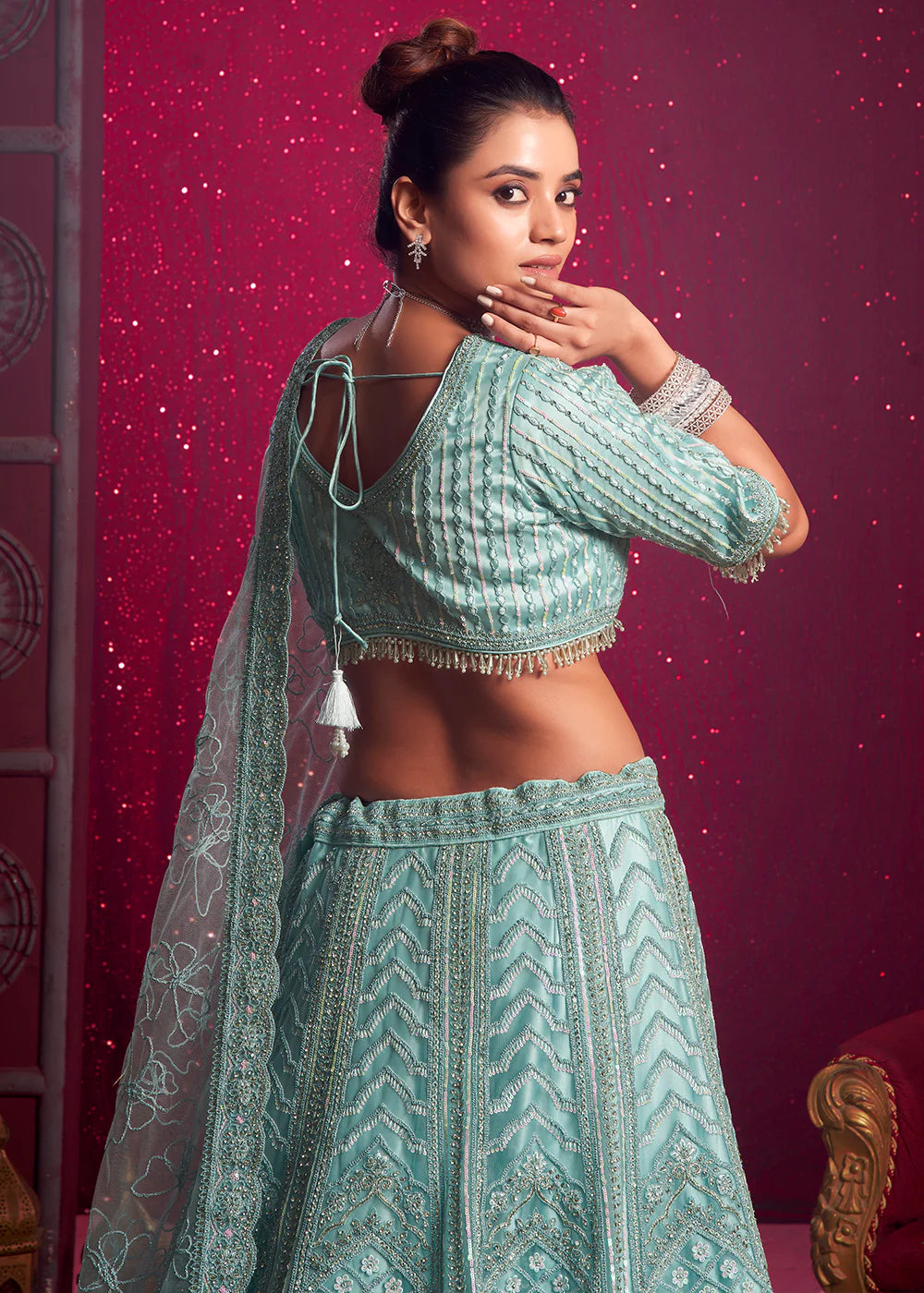 Sky Blue Embroidered wedding Lehenga Choli