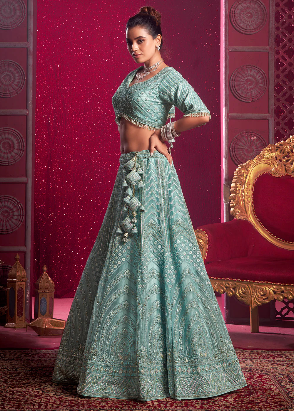 Sky Blue Embroidered wedding Lehenga Choli