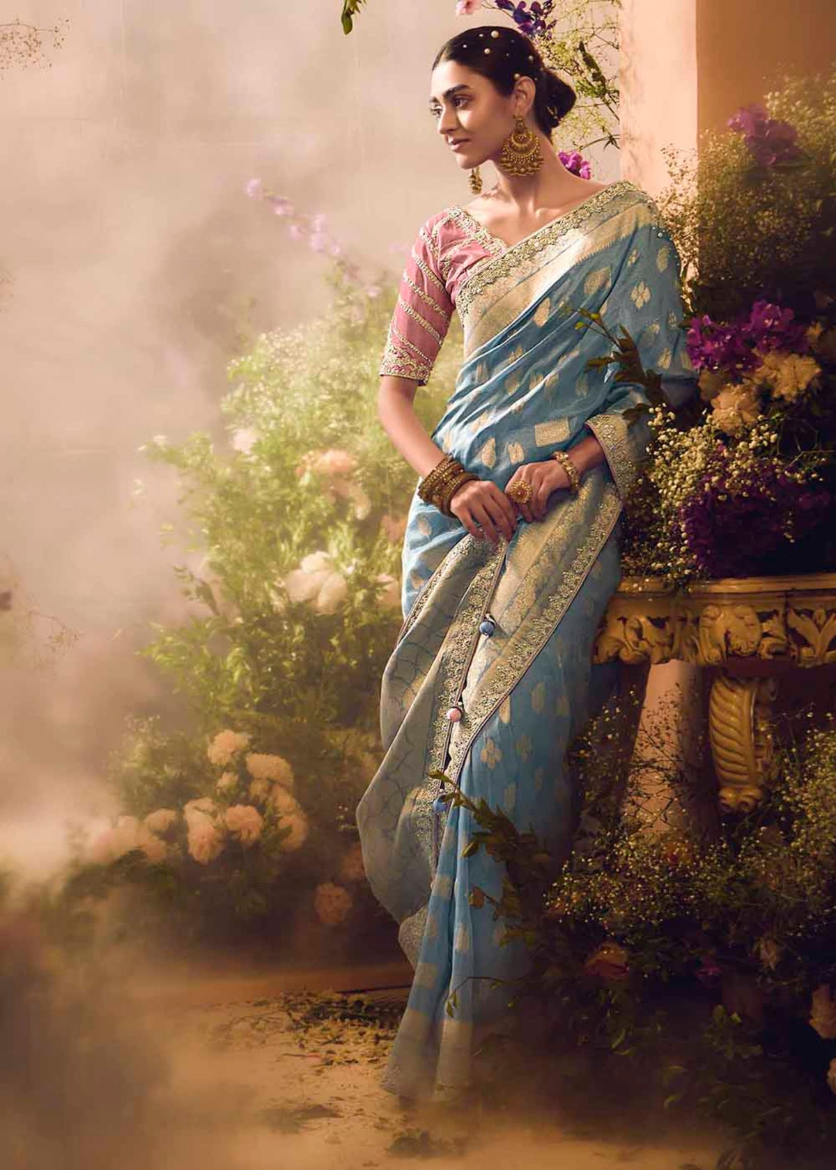 Sky Blue Embroidery Banarasi silk Saree