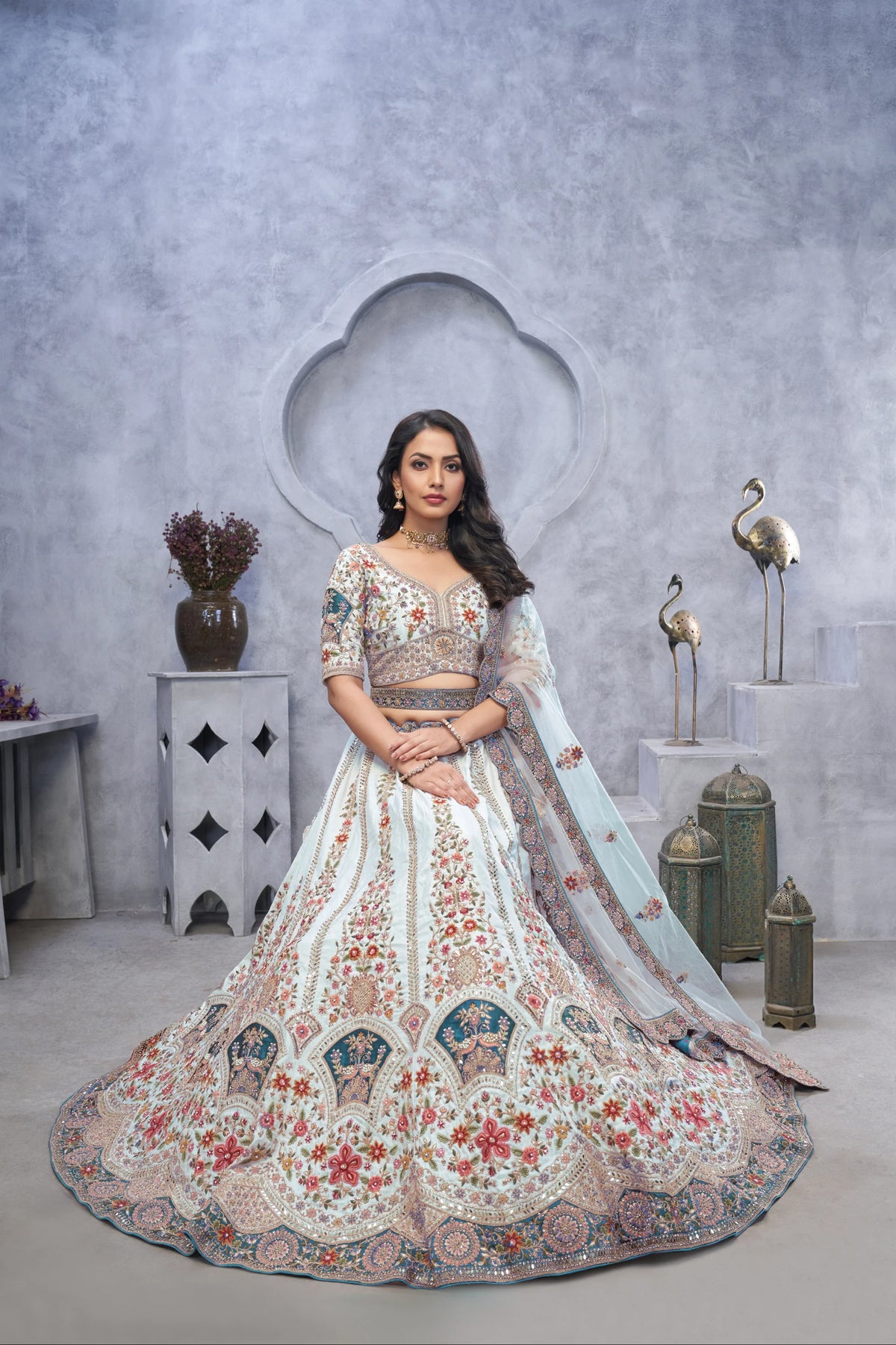 Sky blue Organza Silk Wedding Lehenga