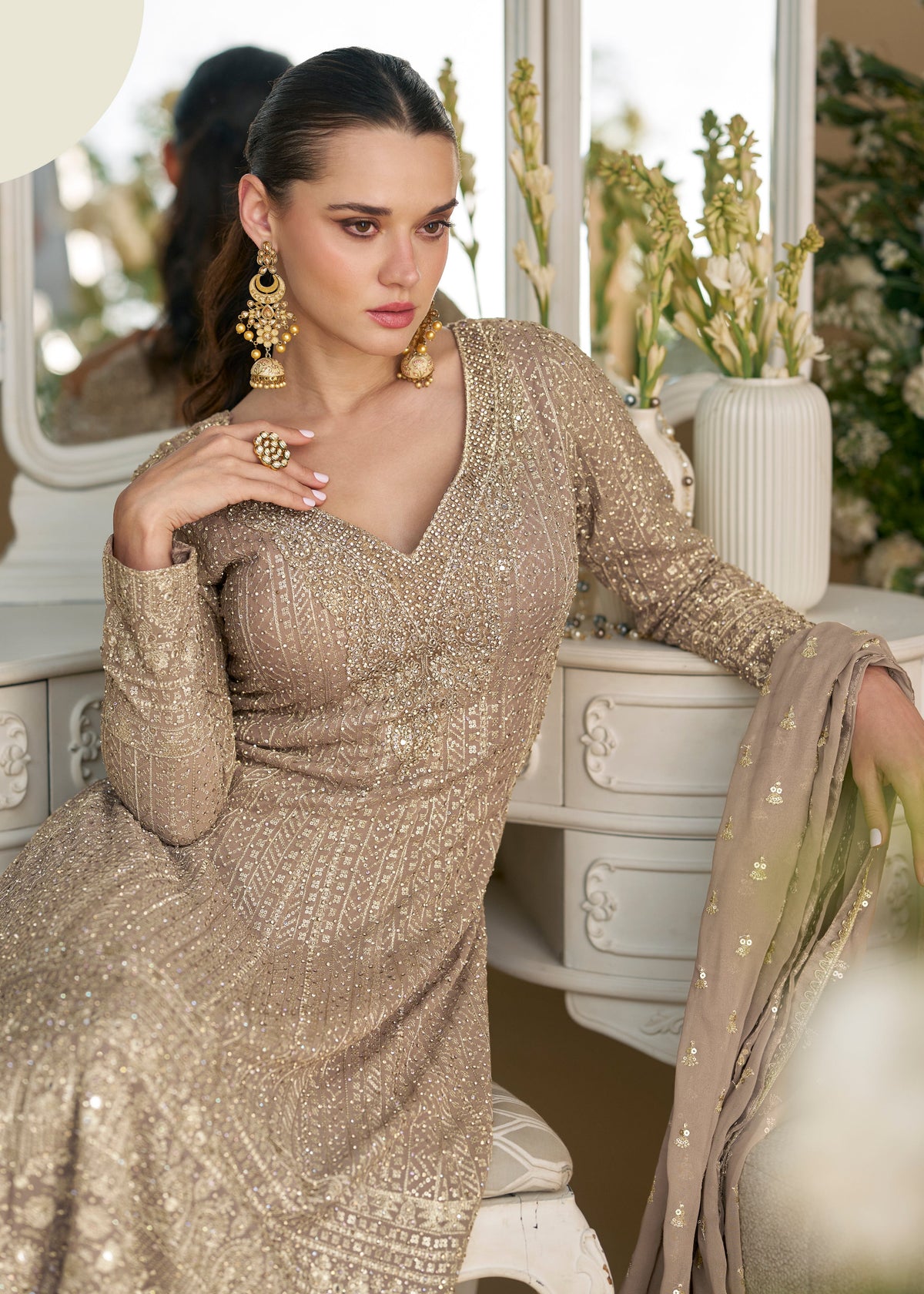 Buy Soft Gold Embroidered Anarkali Palazzo Suit