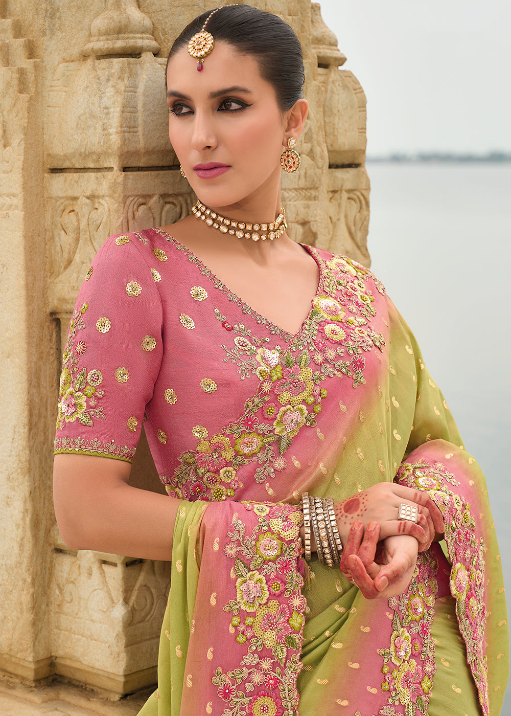 Green And Pink Multi Embroidery Saree