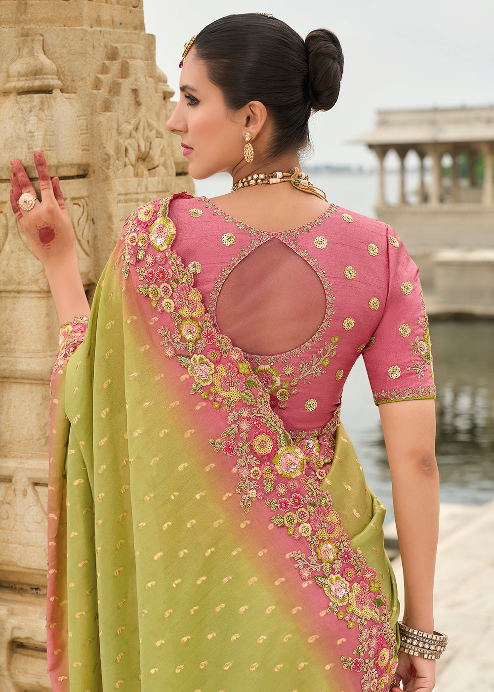 Green And Pink Multi Embroidery Saree