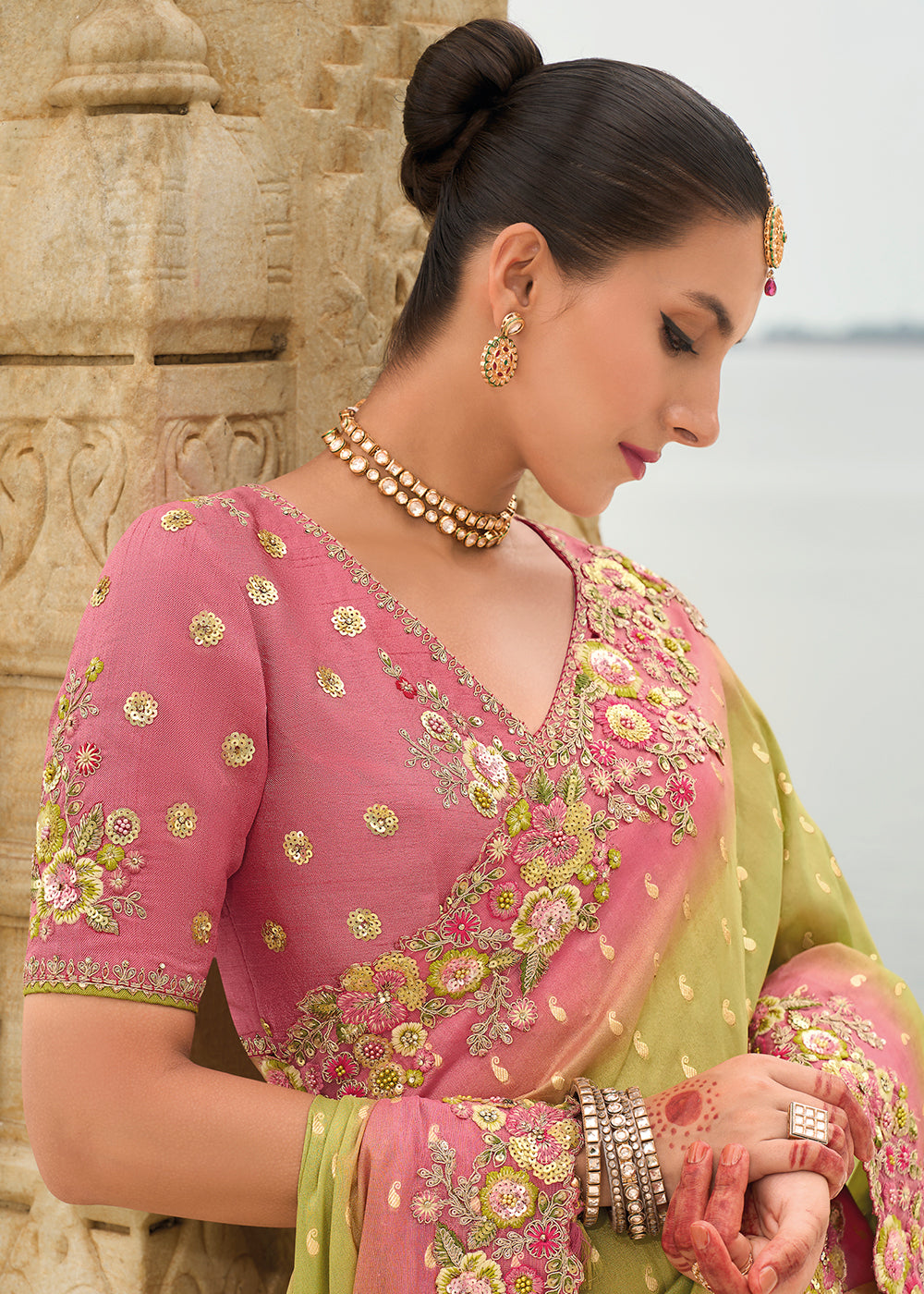 Green And Pink Multi Embroidery Saree