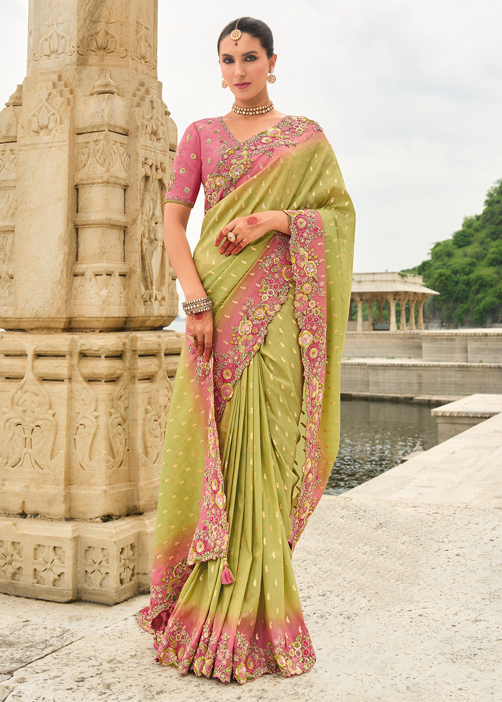 Green And Pink Multi Embroidery Saree