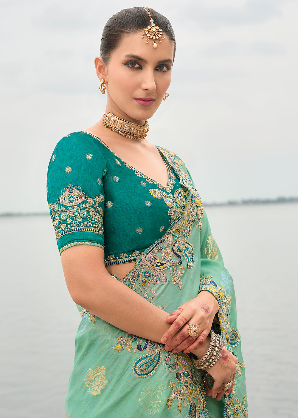 Sea Green Multi Embroidery Saree