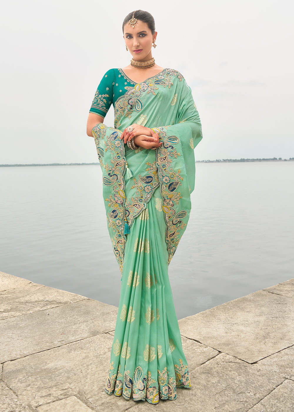 Sea Green Multi Embroidery Saree