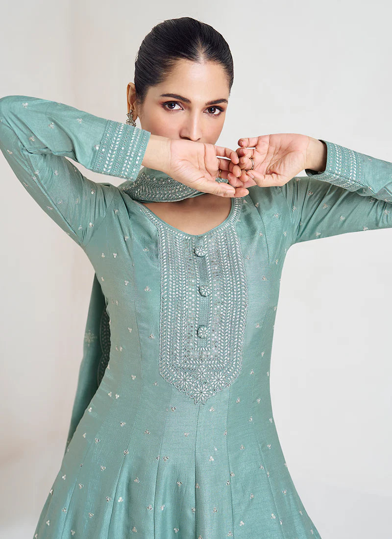 Teal Blue Sequence Embroidery Wedding Anarkali Gown