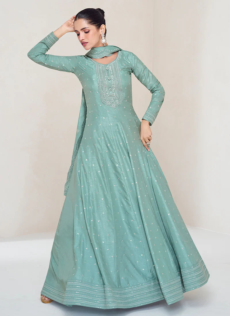 Teal Blue Sequence Embroidery Wedding Anarkali Gown