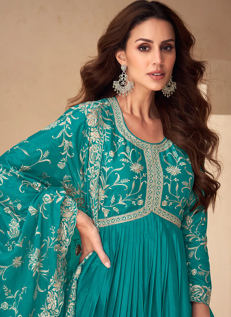 Teal Blue Traditional Embroidery Anarkali Gown Dress